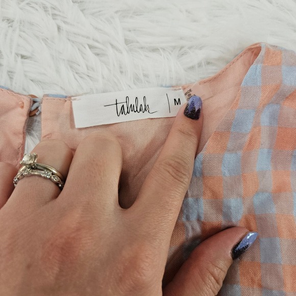 Talulah Women's Peach‎ & Blue Gingham Wrap Tie Waist Short Sleeve Romper. Size M - Picture 9 of 13